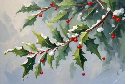 The primary subject of the image is a tree with green leaves and red berries. The tree is located in a setting with a blue sky in the background. The visual style of the image is a painting, which gives it a more artistic and detailed appearance. The dominant colors in the painting are green, red, and blue, creating a vibrant and lively atmosphere.